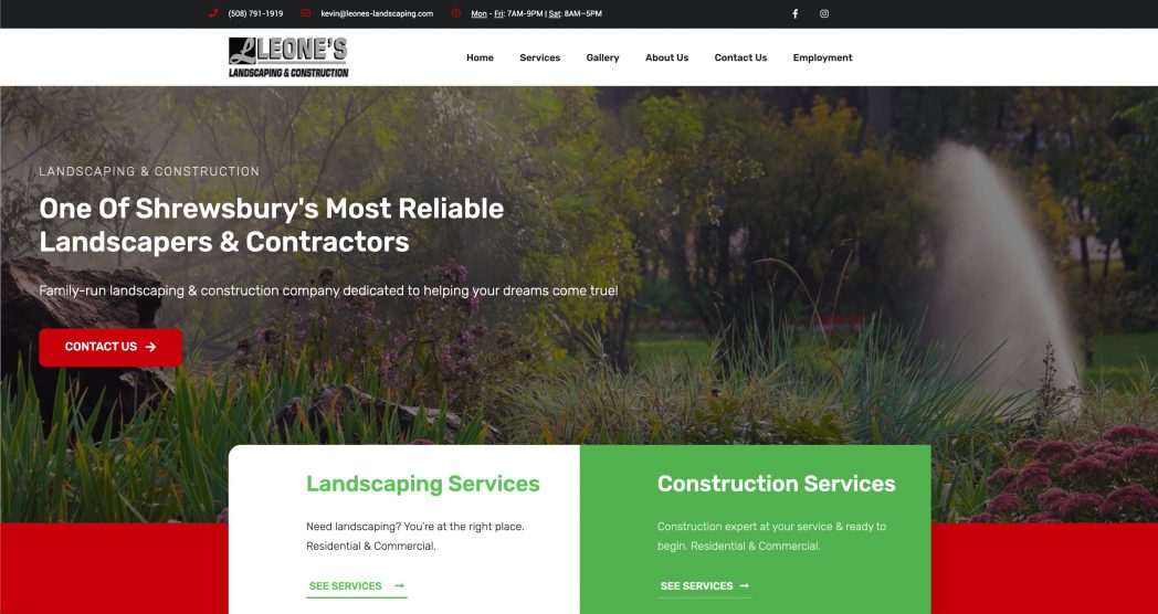 Screenshot Leone's Landscaping in Shrewsbury, MA. Made by Zoka Design in Leominster, MA.